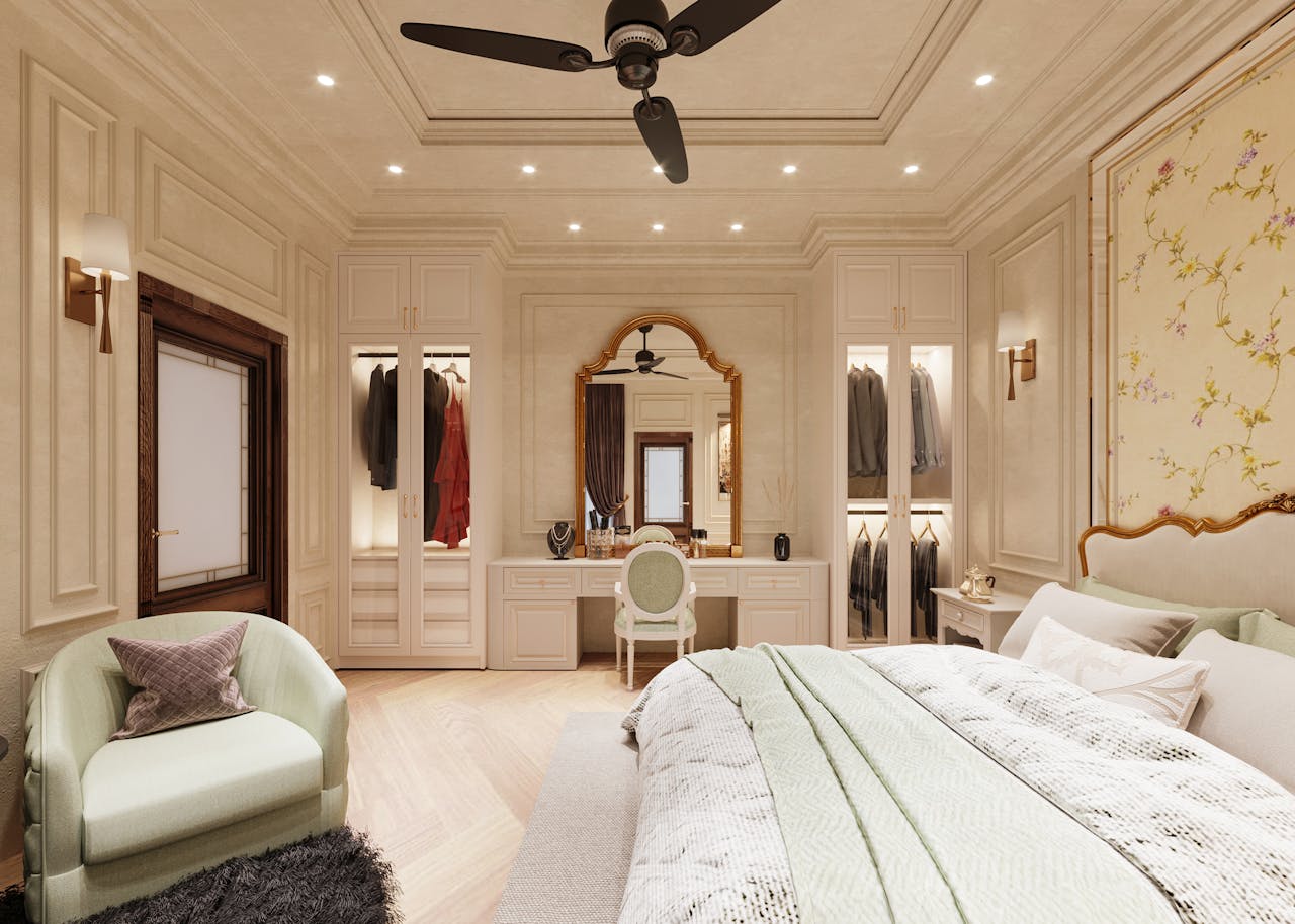 creative-01 Luxurious bedroom with elegant decor, featuring a king-sized bed, modern furnishings, and soft lighting.