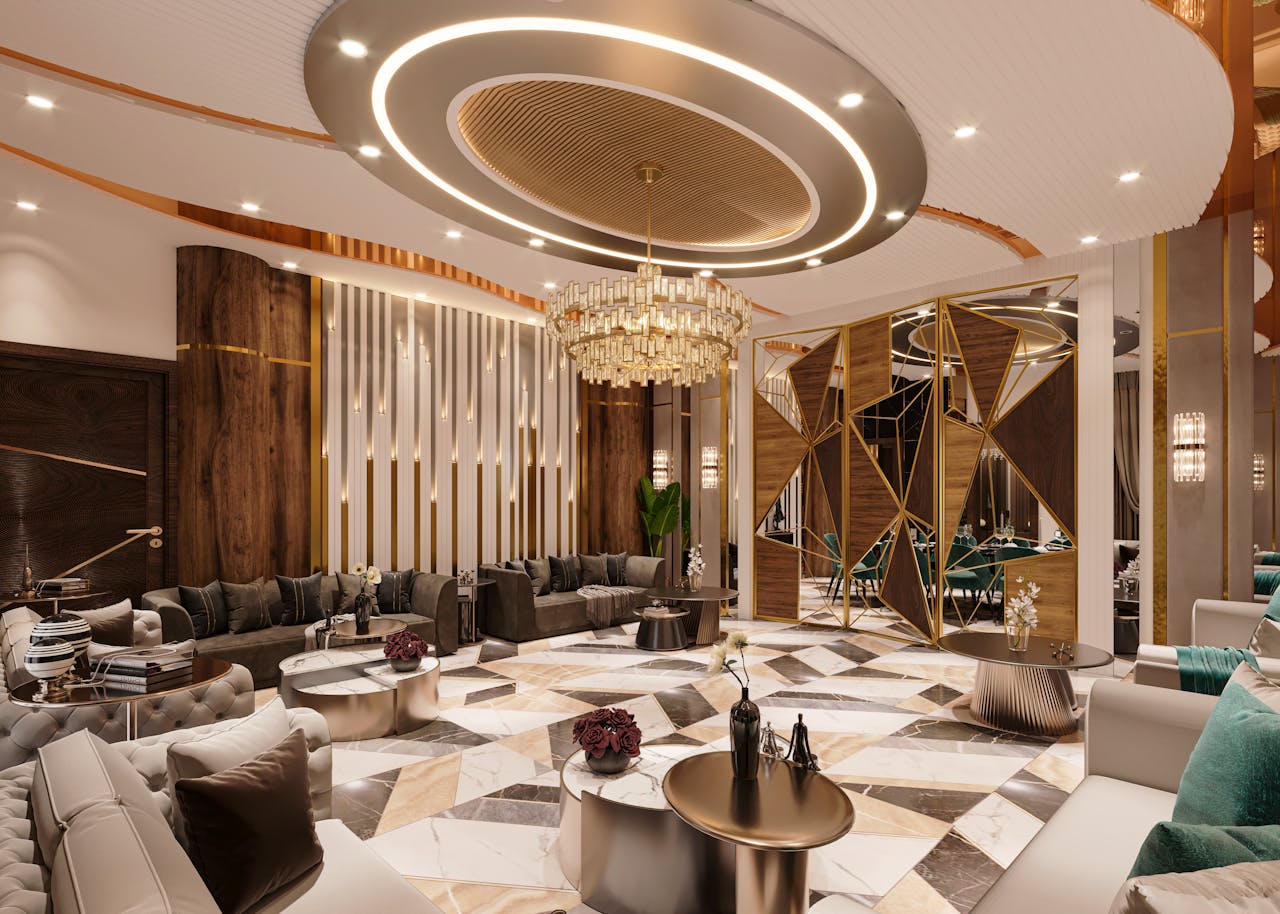 mobile-01 Luxurious contemporary interior with chandelier, stylish furniture, and geometric decor in Lahore, Pakistan.