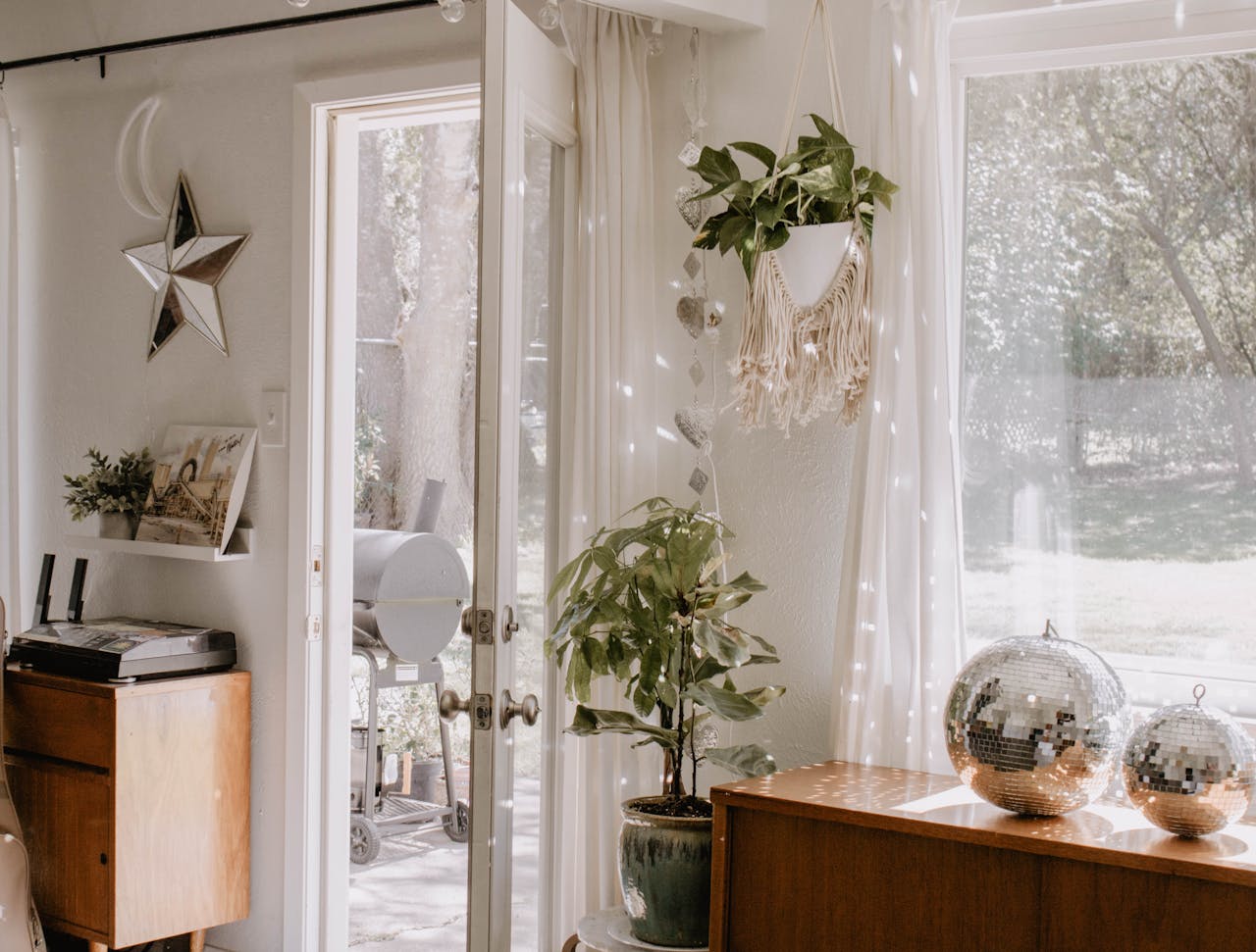 digital-01 Bright interior space featuring houseplants, sunlight through glass doors, and sparkling decor elements.
